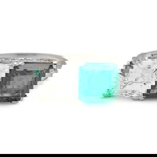 ART DECO, EMERALD AND DIAMOND 'TOI ET MOI' RING: ART DECO, EMERALD AND DIAMOND 'TOI ET MOI' RING Containing one square emerald cut diamond weighing 2.27 carats, one emerald cut emerald measuring approximately 7.62 x 7.57 x 4.23 mm and weighing 1.77
