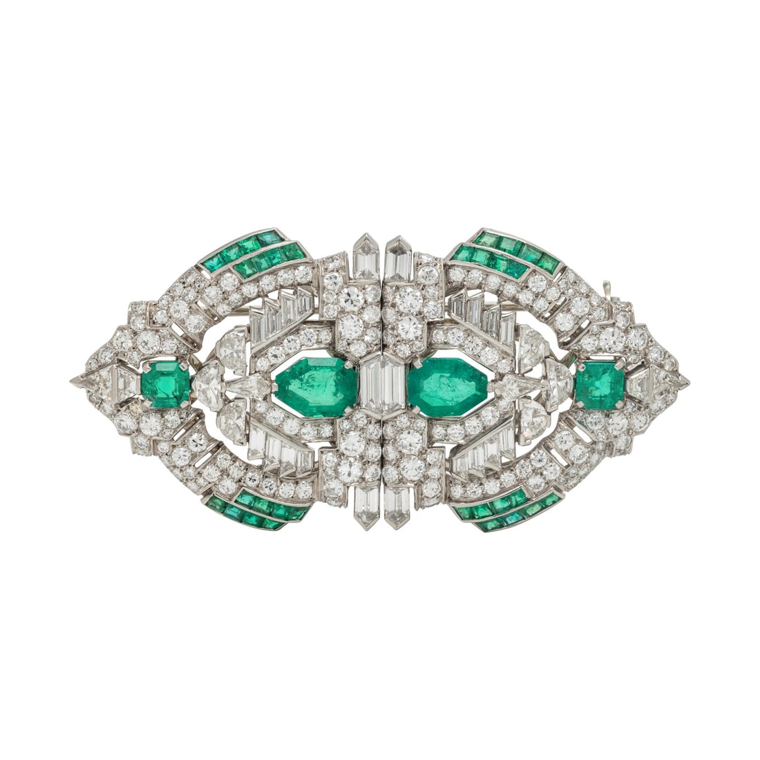 ART DECO, EMERALD AND DIAMOND DOUBLE CLIP BROOCH (1 of 5)
