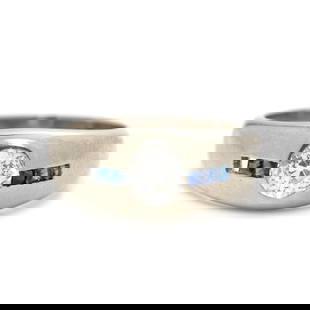 DIAMOND AND SAPPHIRE RING: DIAMOND AND SAPPHIRE RING Containing one old European cut diamond weighing approximately 0.65 carat and five step cut sapphires. Mounted in 14 karat white gold. Ring size 6. Gross weight: 3.55 dwt. Pr