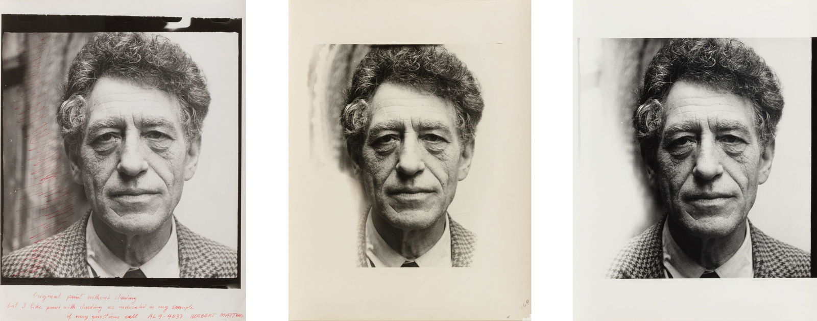 Herbert Matter (1907–1984) Giacometti (triptych), nd: Herbert Matter (1907–1984)Giacometti (triptych), ndGelatin silver print triptych, mounted together, the first inscribed in red ink in the margin.image: each 10 1/2 x 10 1/2in. (26.6 x 26.6cm.) s