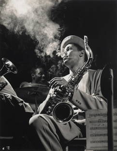 Herman Leonard (1923-2010) Dexter Gordon, Royal Roost, 1948: Herman Leonard (1923-2010)Dexter Gordon, Royal Roost, 1948Gelatin silver print, printed 1990, signed, titled, dated and numbered '30/50' in pencil in the margin.image: 17 x 13 3/8in. (43.2 x 34cm.) sh