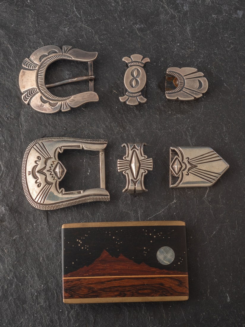 Navajo and Southwestern-style Ranger Sets and Belt Buckle: Navajo and Southwestern-style Ranger Sets and Belt Buckle second half 20th century lot of 3, includes: a heavily stamped ranger set; signed H. MORGAN for Harry Morgan (Diné, 1946-2007) buckle len