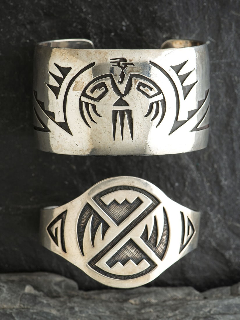 Hopi and Navajo Silver Overlay Cuff Bracelets (1 of 2)