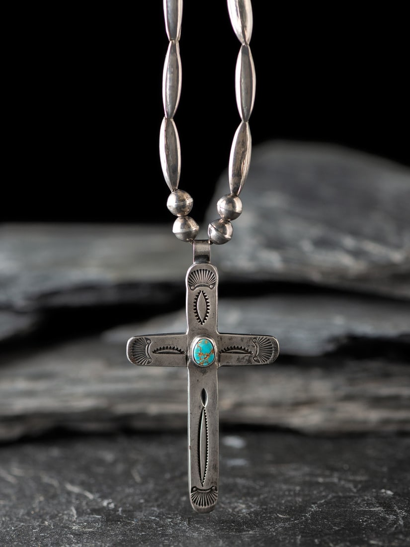 Fred Harvey Company  (Shop, 1876-1968, late 1930s mark) Navajo Stamped Silver and Turquoise Cross (1 of 3)