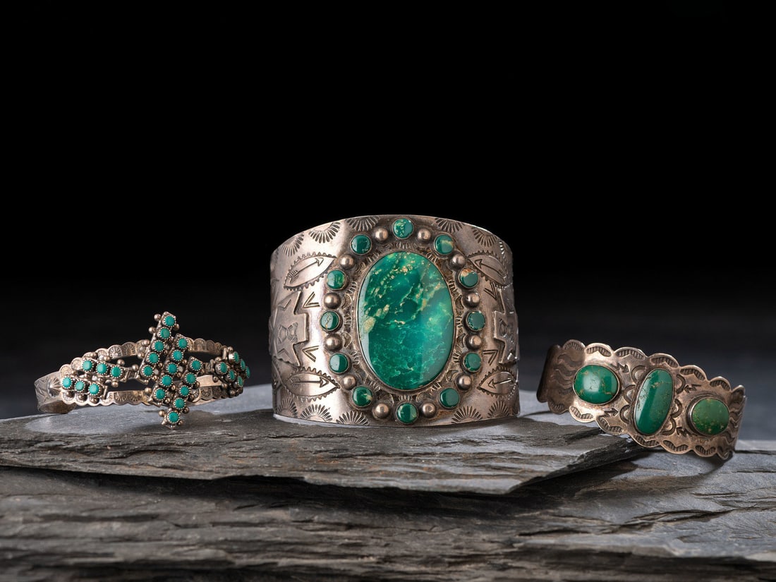 Navajo Curio Silver and Turquoise Cuff Bracelets (1 of 3)
