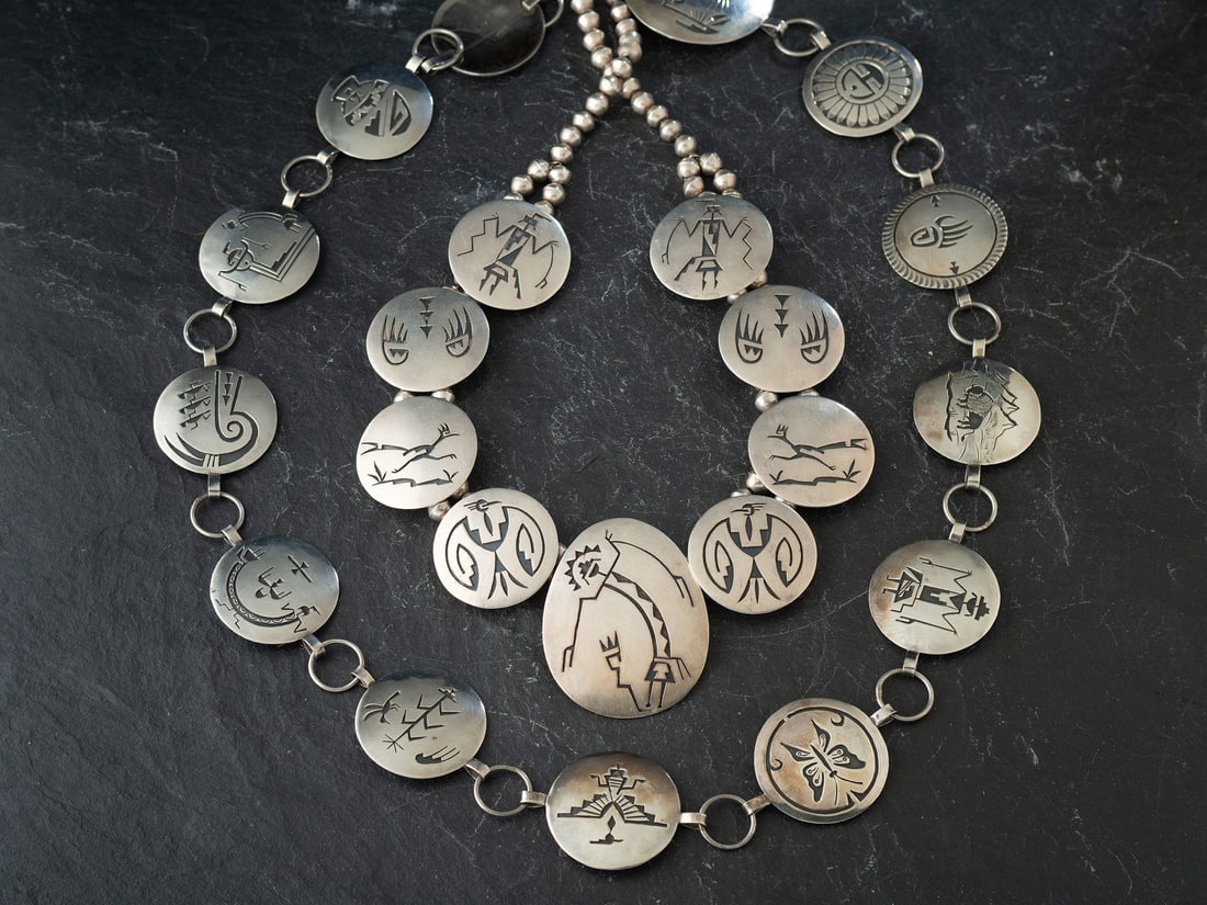 Willie Yazzie, Jr. (Diné, act. since 1950s) Silver Overlay Necklace and Link Concha Belt (1 of 5)