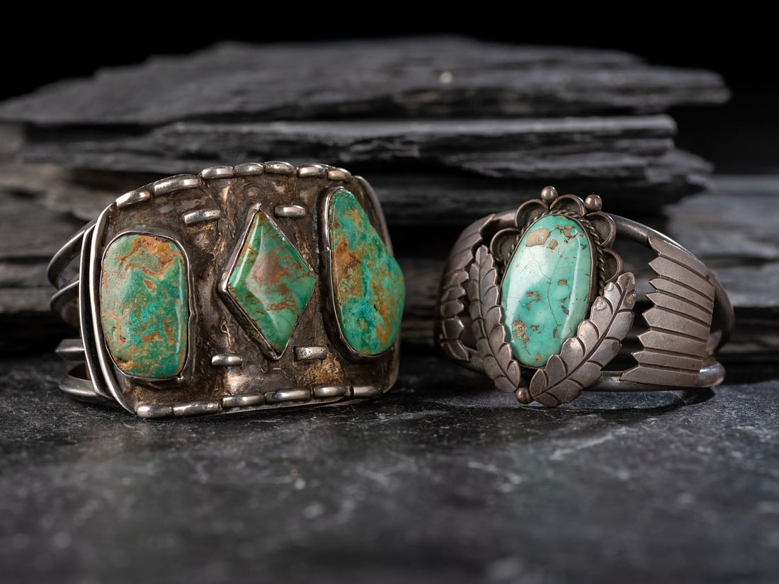 Navajo Silver and Turquoise Cuff Bracelets: Navajo Silver and Turquoise Cuff Bracelets third quarter 20th century lot of 2, includes: one set with three stones; not marked cuff width 2 inches, interior circumference 6 inches + gap length 1-1/8