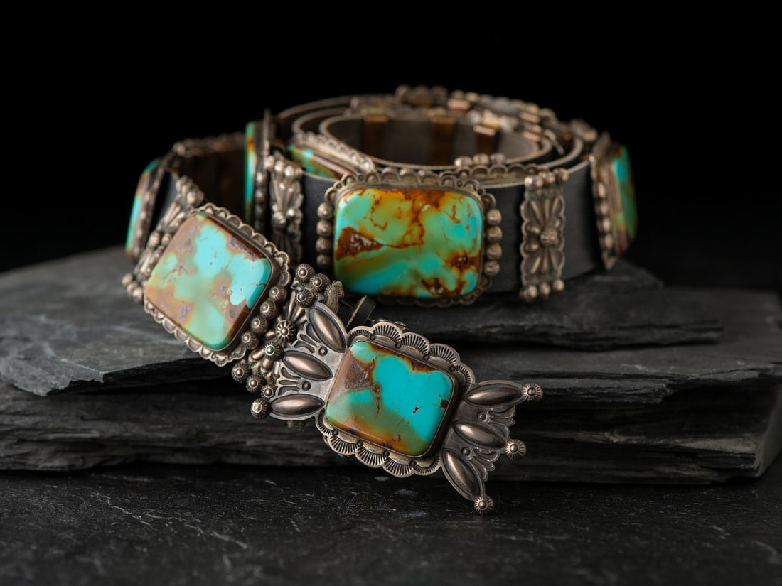 Oscar Alexius (Diné, b. 1949) Sterling Silver and Royston Turquoise Concha Belt  (1 of 4)