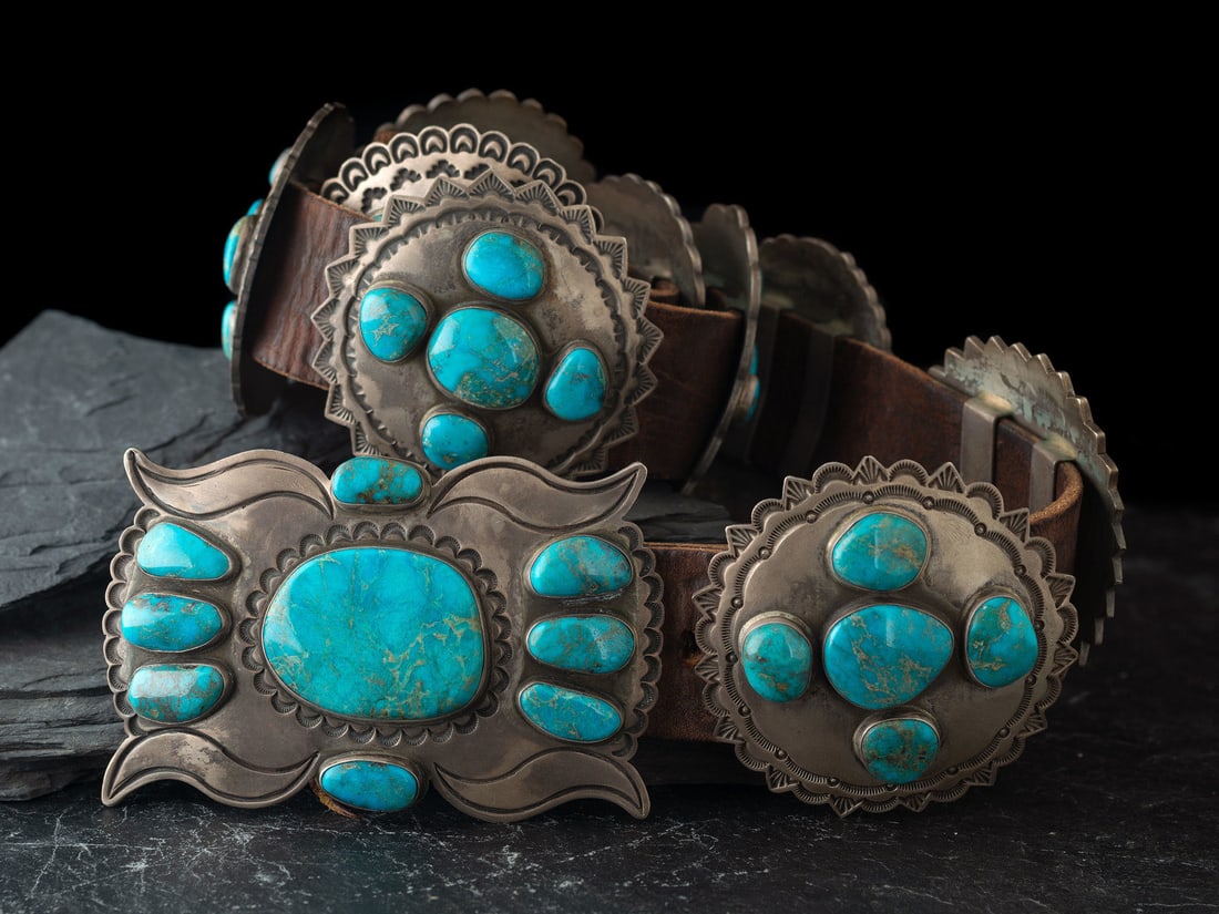 Tommy Jackson (Diné, b. 1958) Heavy Sterling Silver and Turquoise Cluster Concha Belt (1 of 3)