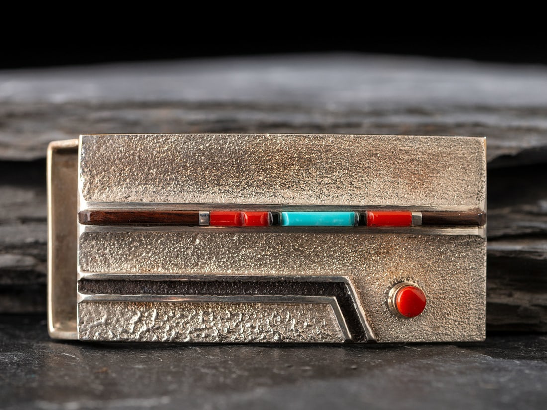 Edison Cummings (Diné, b. 1962) Inlaid Silver Belt Buckle, with 14K Gold Accent (1 of 2)