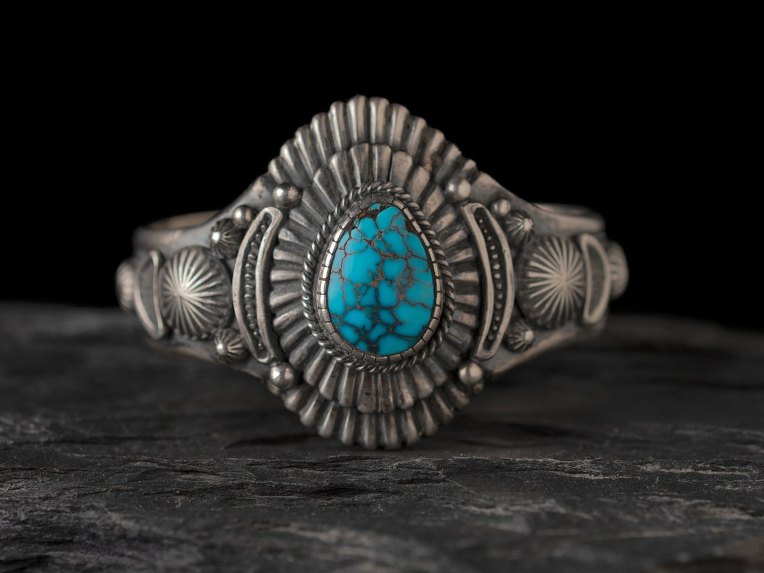 Harry H. Begay (Diné, act. since 1970s)  Sterling Silver and Lone Mountain Turquoise Cuff (1 of 3)
