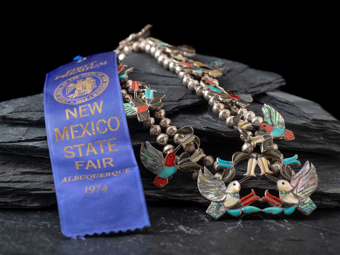 Jack Mahkee (Zuni, 20th century) Award Winning Mosaic Inlay Hummingbird Squash Blossom Necklace (1 of 5)