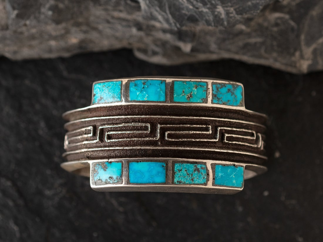 Sedalio Fidel Lovato (Kewa, b. 1929) Silver Tufa Cast Cuff Bracelet, with Channel Inlay Turquoise (1 of 3)
