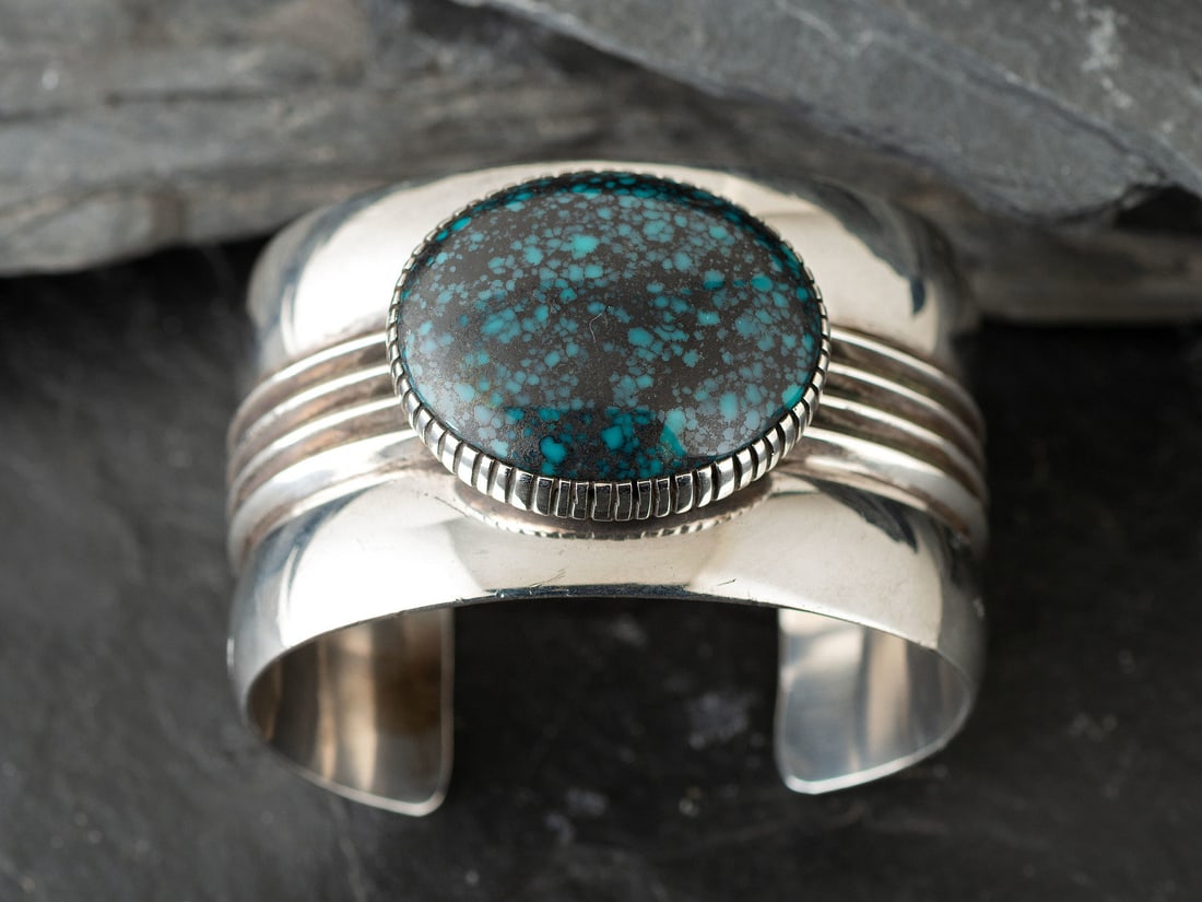 Mitchell Calabaza (Kewa, b. 1959) Sterling Silver and High-Grade Spiderweb Turquoise Cuff Bracelet (1 of 2)
