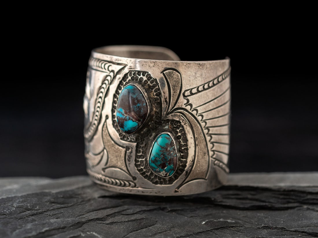 Carlos White Eagle (Apache, 1937-2013) Silver and Bisbee Turquoise Cuff Bracelet (1 of 4)
