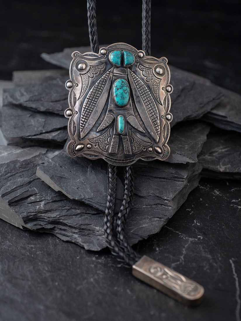 Art Tafoya (Yaqui, b. 1954) Sterling Silver and Turquoise Moth Bolo Tie (1 of 5)