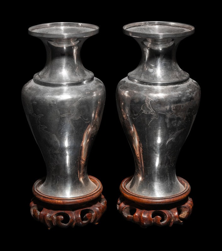 A Pair of Japanese Incised Silver Vases (1 of 2)