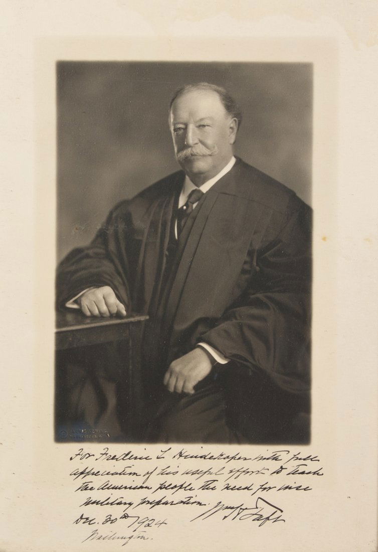 TAFT, WILLIAM HOWARD. Photograph signed, 1924.: TAFT, WILLIAM HOWARD A black and white portrait by Harris & Ewing photographers, inscribed in the margin, signed ("William H. Taft"), 4 lines, Washington, December 30, 1924.