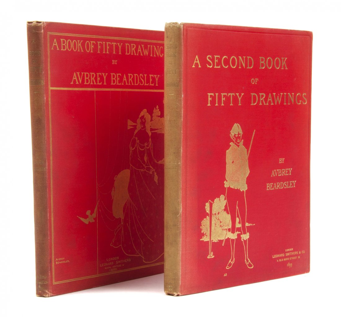 BEARDSLEY, AUBREY. (London, 1897) 2 vols.: BEARDSLEY, AUBREY A Book of Fifty Drawings (London: Leonard Smithers, 1897) and A Second Book of Fifty Drawings (London: Leonard Smithers, 1897-1899). Together 2 vols. 4to, publisher's pictorial