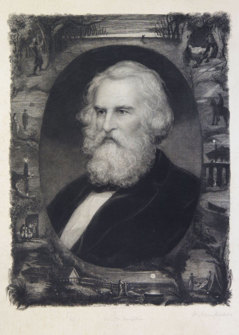 LONGFELLOW, HENRY WADSWORTH. Etching and engraving: LONGFELLOW, HENRY WADSWORTH Original engraved portrait of Longfellow surrounded by vignettes of his works, by William Edgar Marshall. Signed ("Henry W. Longfellow") at the lower center. Also signed by