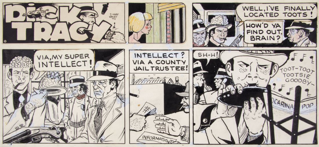 (DICK TRACY) GOULD, CHESTER. Original drawing.: (DICK TRACY) GOULD, CHESTER An original pen and ink drawing, four-panel comic strip of Dick Tracy, featuring The Brain and Toots, with one panel in color. 9 x 17 inches. Property from the Collection o