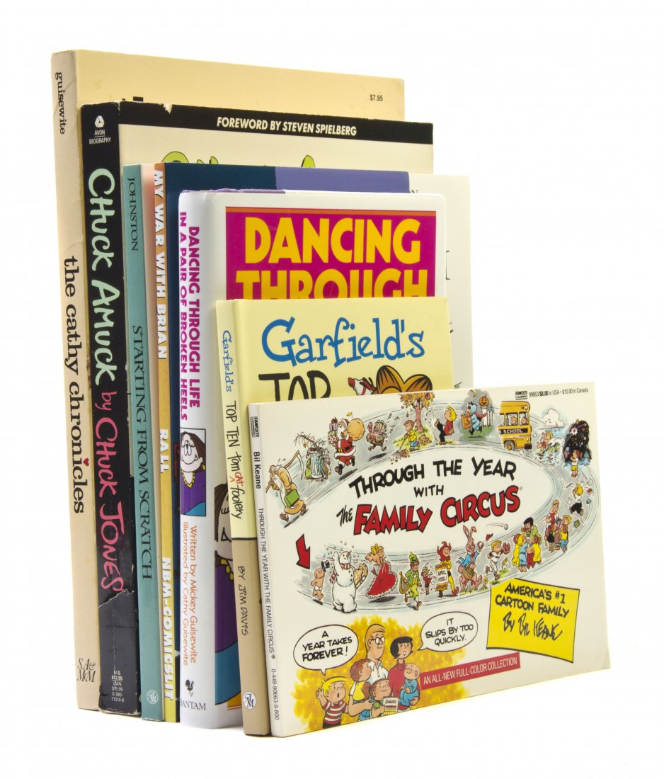 (CARTOONISTS) A group of 7 inscribed books.: (CARTOONISTS) A group of seven books signed by famous cartoonists, including Jim Davis (Garfield), Bill Keane (Family Circus), Ted Rall (My War With Bryan), Cathy Guisewite (Cathy), Lynn Johnson (For