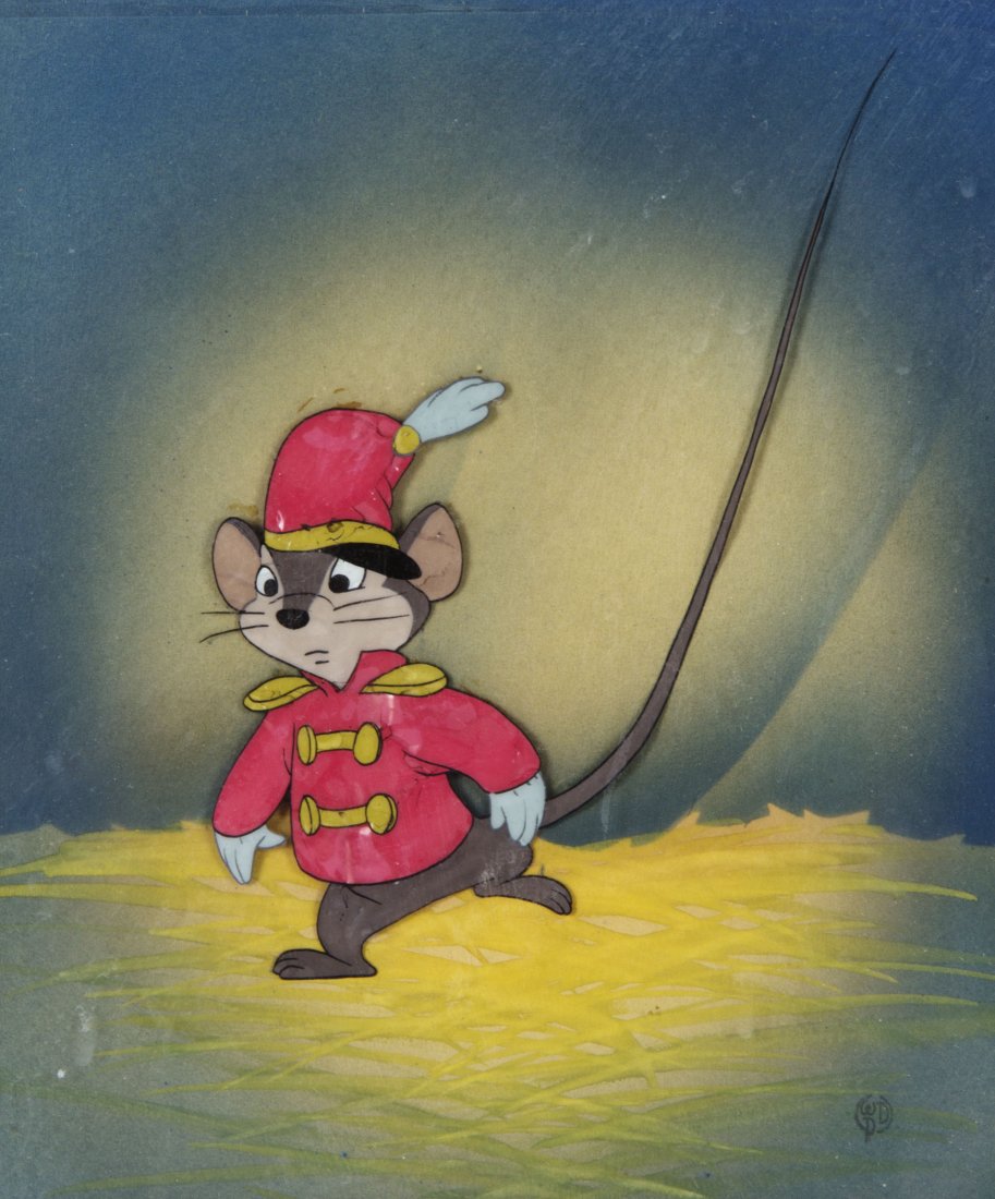 (WALT DISNEY) DUMBO. Original production cel.: (WALT DISNEY) DUMBO Original production celluloid from Dumbo, 1941, featuring Timothy Q. Mouse, gouache on trimmed celluloid applied to a hand-painted background, likely Courvoisier. Framed and matted