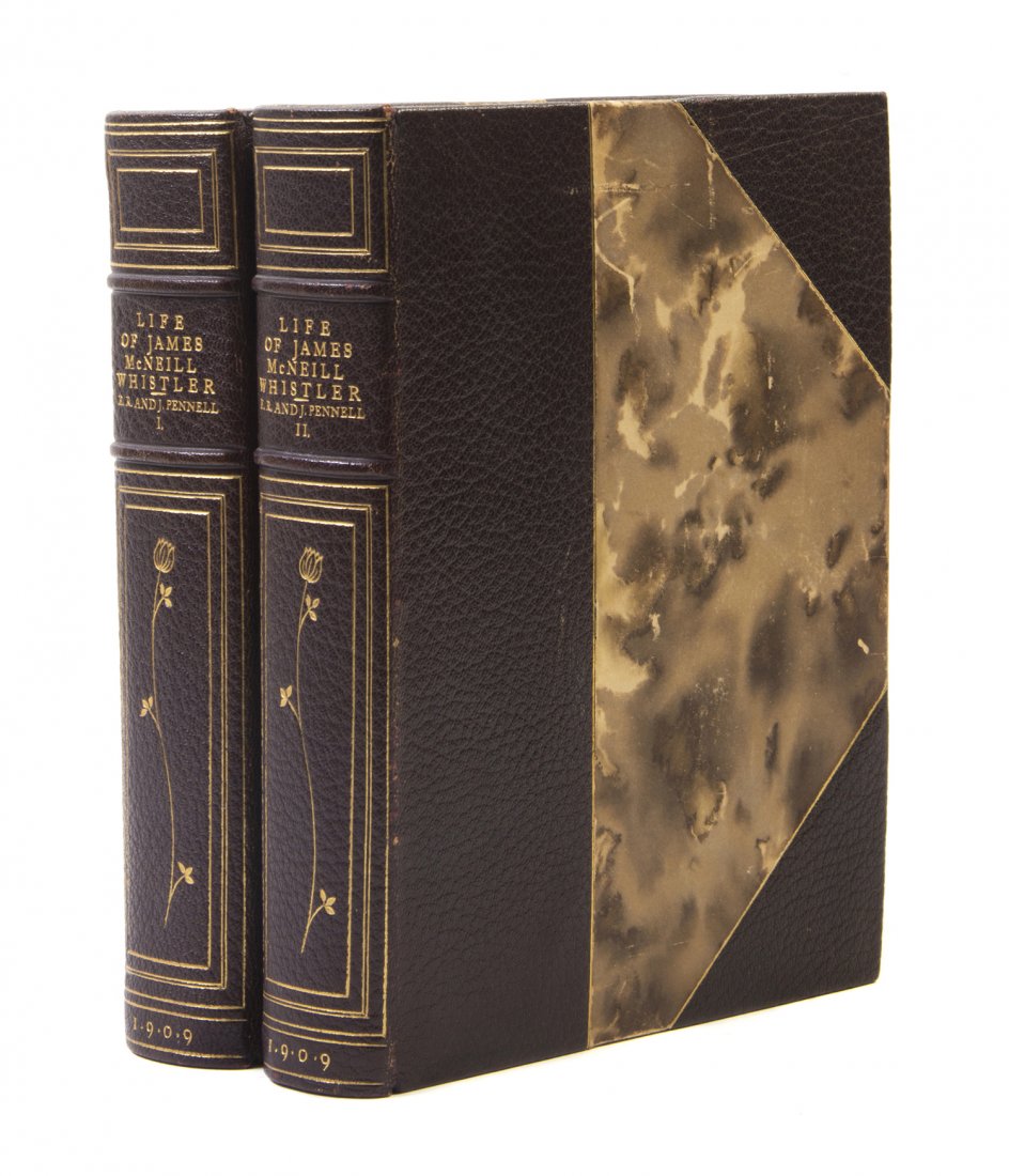 (WHISTLER, JAMES MCNEILL) PENNELL, E. R. AND J.: (WHISTLER, JAMES MCNEILL) PENNELL, E. R. AND J. The Life of James McNeill Whistler. Philadelphia: J.B. Lippincott, 1909. 2 vols. 4to, 3/4 morocco over marbled boards, spines lettered and decorated in 