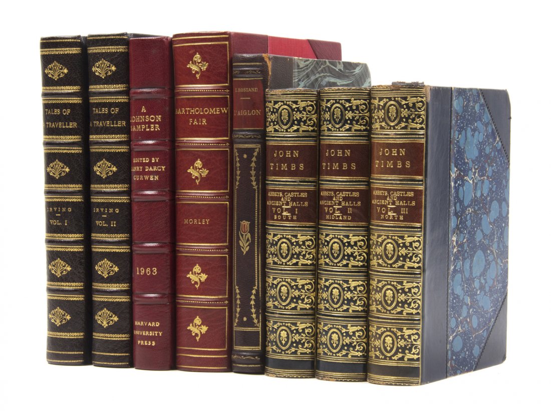 (LEATHER BINDINGS) A group of 8 books.: (LEATHER BINDINGS) A group of eight leather bound books. Abbeys, Castles and Ancient Halls of England and Wales. By John Timbs. London, n.d. 3 vols. 12mo, bound by Zaehnsdorf in 3/4 blue calf over mar