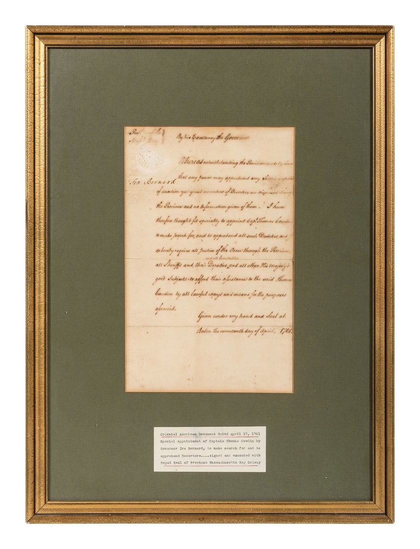 [FRENCH AND INDIAN WAR]. BERNARD, Francis (1712-1779). Document signed ("Fra. Bernard"), as Colonial (1 of 2)