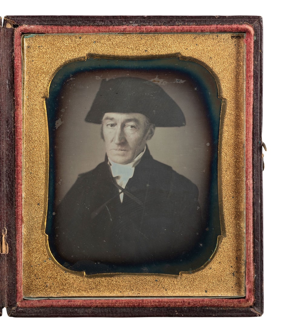 [EARLY PHOTOGRAPHY]. Sixth plate daguerreotype of an aged gentleman wearing a tricorn hat. (1 of 2)
