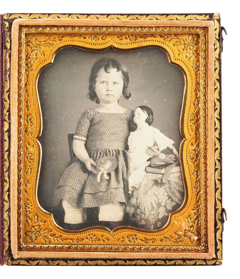 [EARLY PHOTOGRAPHY]. Sixth plate daguerreotype portrait of a little girl with her doll. (1 of 1)