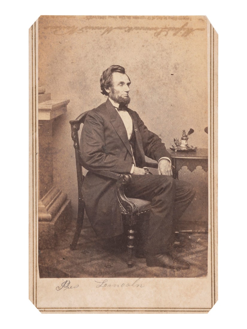 [LINCOLN, Abraham (1809-1865)]. A group of 3 CDVs of Abraham Lincoln, highlighted by portrait taken: [LINCOLN, Abraham (1809-1865)]. A group of 3 CDVs of Abraham Lincoln, highlighted by portrait taken by Alexander GARDNER. [GARDNER, Alexander (1821-1882), photographer]. CDV, portrait of Abraham Linco