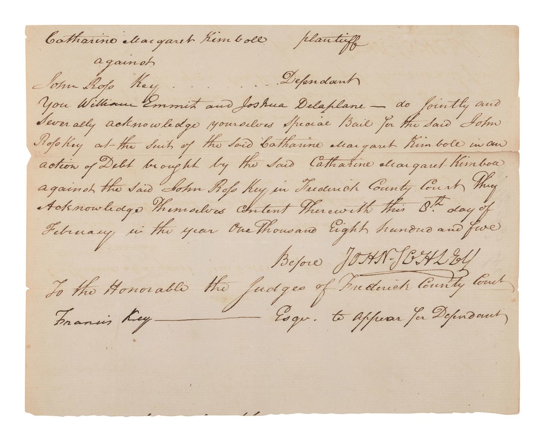 KEY, Francis Scott (1779-1843). Document signed ("Francis Key"), Frederick County [Maryland], (1 of 2)
