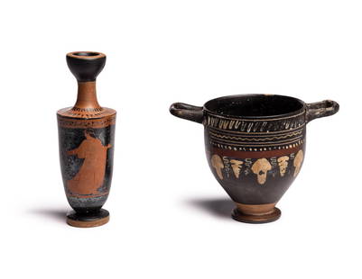 Two Greek Terracotta Vessels: Two Greek Terracotta Vessels Circa 5th-4th Century B.C. Height of tallest 5 3/8 inches (13.7 cm). Property from The Brummer Collection from Drs. John and Pat Laszlo, Atlanta, Georgia Provenance: An At