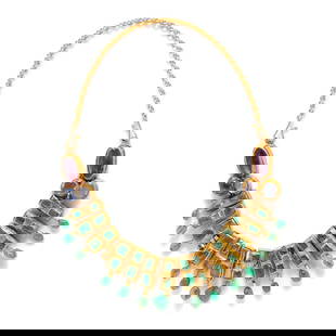 A Byzantine Gold, Sapphire, Chalcedony, Amethyst, and Emerald Necklace: A Byzantine Gold, Sapphire, Chalcedony, Amethyst, and Emerald Necklace Circa 6th-7th Century A.D. Length excluding chain 10 1/4 inches (26.04 cm). Provenance: Private Collection, Munich, 1994. Art Mar