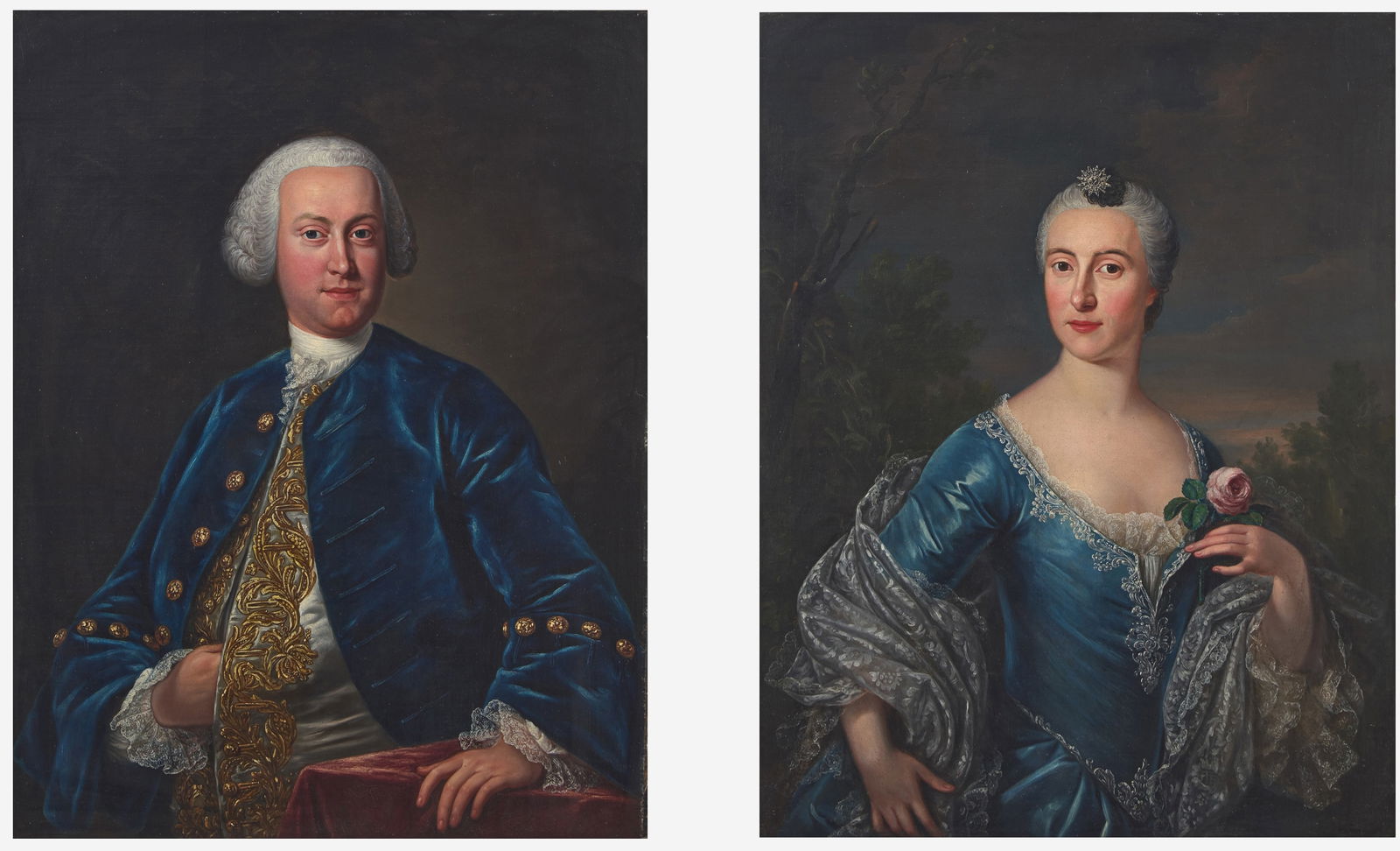 Attributed to John Singleton Copley (American, 1737-1815) - Pair of Portraits of Matthew Howard (172: Attributed to John Singleton Copley (American, 1737-1815) - Pair of Portraits of Matthew Howard (1724-1770) in a Blue Jacket and Louise Howard Née Ardesoif (1727-1789) Holding a Rose, Bust-Length