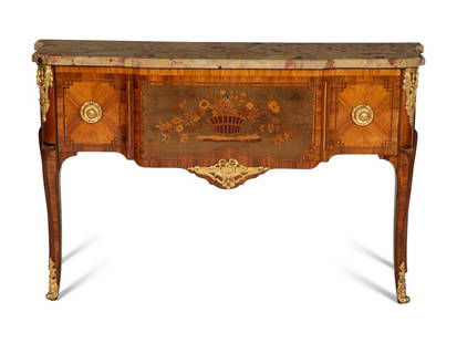 A Louis XV Style Gilt Bronze Mounted Kingwood and Marquetry Marble-Top Commode: A Louis XV Style Gilt Bronze Mounted Kingwood and Marquetry Marble-Top Commode By Georges and Henri Pannier, Late 19th Century stamped PANNIER to the top of each drawer side. Height 33 1/2 x width 53