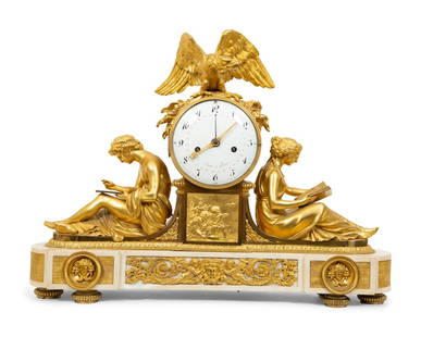 A Late Louis XVI Gilt Bronze and Marble Mantel Clock: A Late Louis XVI Gilt Bronze and Marble Mantel Clock Jouin, Paris, Circa 1790, After a Model by Fran&#231;ois R&#233;mond Height 21 x width 27 x depth 6 1/2 inches. This lot is located in Palm Beach.