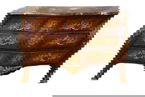 A Louis XV Gilt Bronze Mounted Kingwood and Tulipwood Marble Top Bombé Commode: A Louis XV Gilt Bronze Mounted Kingwood and Tulipwood Marble Top Bombé Commode By Jean-Georges Schlichtig, Third Quarter 18th Century stamped J. G. SCHLICHTIG to both front corners of case top be