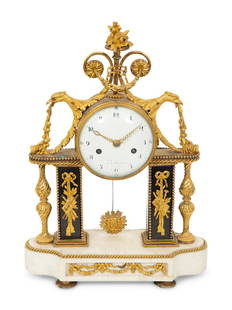 A Louis XVI Gilt Bronze and Marble Mantel Clock: A Louis XVI Gilt Bronze and Marble Mantel Clock Robinet, Paris, Circa 1790 Height 17 x width 12 x depth 4 inches. This lot is located in Palm Beach. Property from the Estate of Joanna Hoffman, Palm