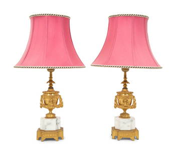 A Pair of Louis XVI Style Gilt Bronze and Marble Urn-Form Table Lamps: A Pair of Louis XVI Style Gilt Bronze and Marble Urn-Form Table Lamps Late 19th/Early 20th Century Height to top of socket 13 3/4 inches. This lot is located in Palm Beach.