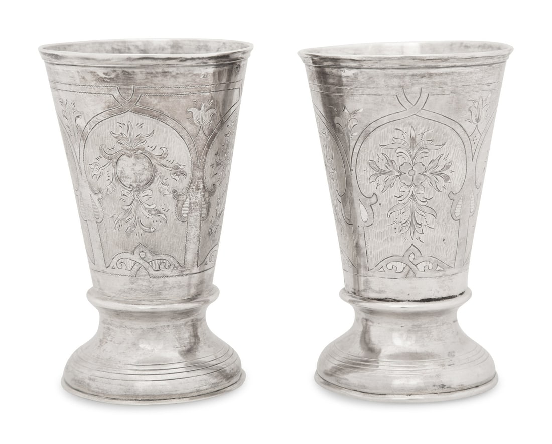 A Pair of Russian Silver Wine Cups: A Pair of Russian Silver Wine Cups marked with 84 standard underfoot 11 ozt 14 dwt Height 5 1/2 x diameter 3 3/8 inches. This lot is located in Palm Beach.