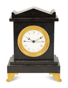 A Regency Black Slate and Gilt Bronze Mantel Clock: A Regency Black Slate and Gilt Bronze Mantel Clock Thomas Weeks, London, Circa 1820 signed 'Semaine' on the dial, with gilt Roman numerals, blued steel hands and center seconds, eight-day duration, wi
