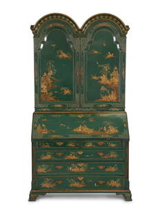 A George II Style Green Japanned Bureau Cabinet: A George II Style Green Japanned Bureau Cabinet Late 19th/Early 20th Century Height 91 1/2 x width 48 x depth 21 1/2 inches. This lot is located in Palm Beach. Property of a Lady Provenance: Mill Hous