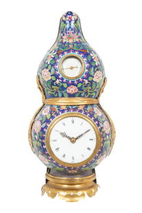 A Rare Chinese Canton Enamel Wall Clock: A Rare Chinese Canton Enamel Wall Clock Circa 1790 of double gourd shape, the movement with recoil escapement and probably English, with original shaped Canton enamel weight and two later brass ball w