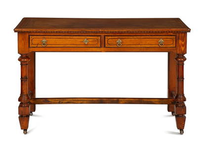 An English Arts and Crafts Style Stained Oak Writing Desk: An English Arts and Crafts Style Stained Oak Writing Desk 20th Century with an inset tooled leather writing surface. Height 29 3/4 x width 48 x depth 23 1/4 inches. This lot is located in Palm Beach.