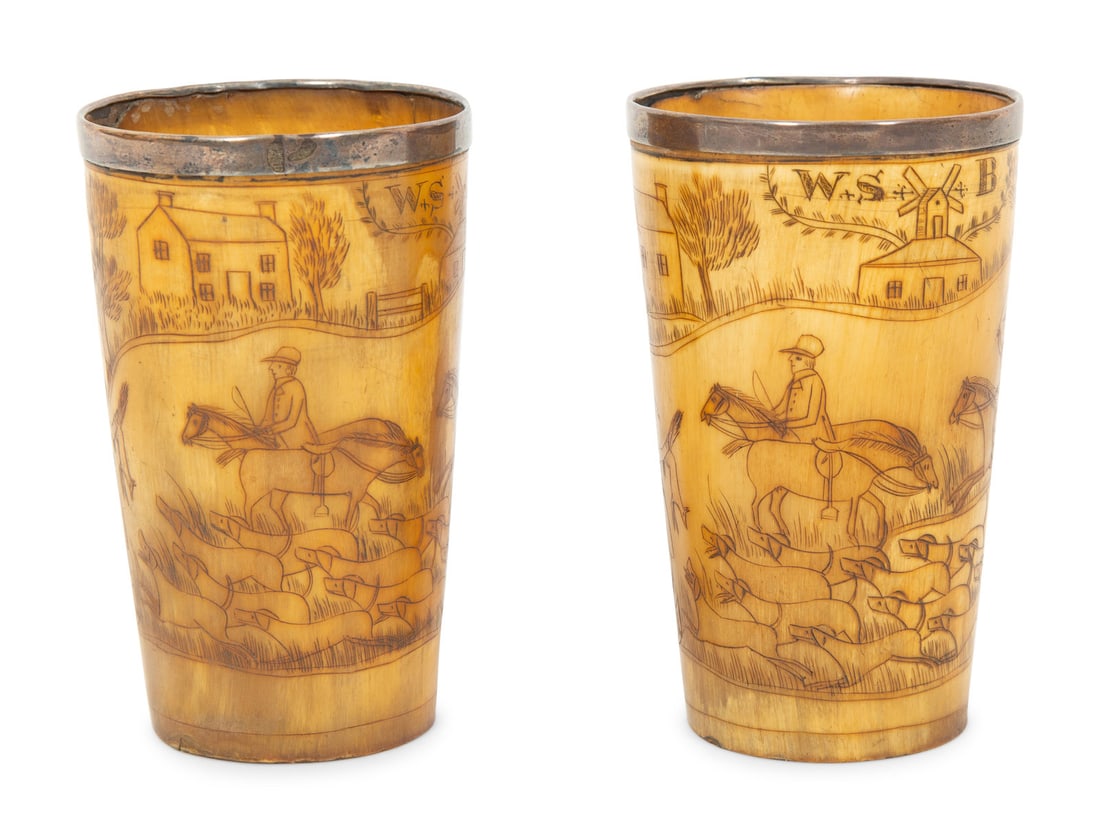 A Pair of Silver Mounted Horn Cups with Engraved Hunt Scenes (1 of 7)