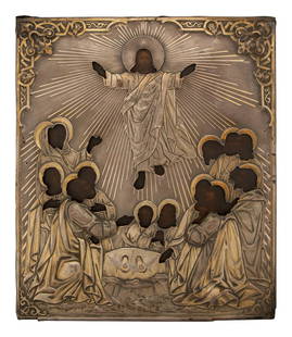A Russian Silver Oklad Icon: A Russian Silver Oklad Icon Assay of Ivan Vasilyev Volkov, Moscow, 1860 unknown maker; depicting the ascension of Christ. marked with 84 standard lower center Height 17 1/2 x width 14 1/2 inches. This