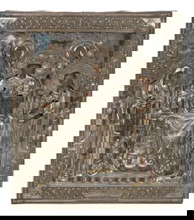 A Russian Silver Oklad Icon: A Russian Silver Oklad Icon 1st Artel, Moscow, Early 20th Century depicting Christ enthroned. marked with 84 standard lower center Height 17 1/2 x width 15 inches. This lot is located in Palm Beach.